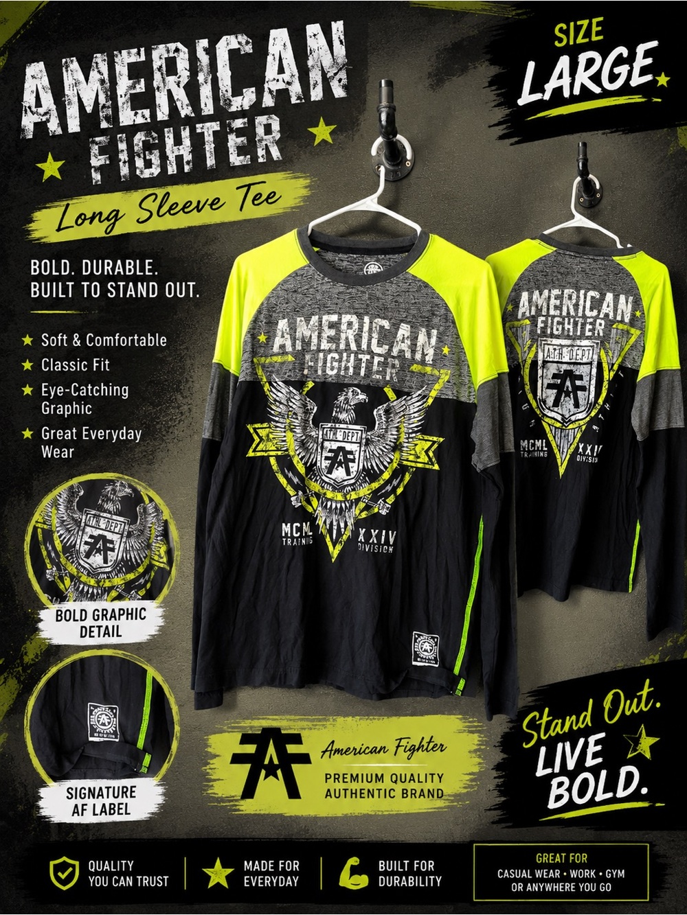 American Fighter Black & Neon Yellow-Green Raglan Long Sleeve Tee